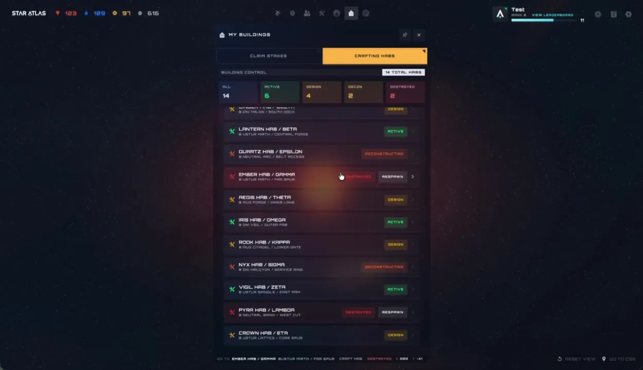 Pannello Building Control — Crafting Habs: 14 habitat elencati con stati ACTIVE, DESIGN, DECONSTRUCTING e DESTROYED con badge colorati, nome e posizione per ciascun hab