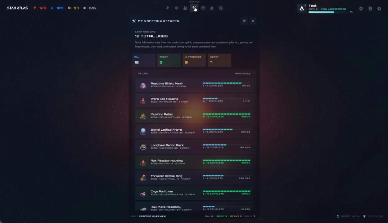 Pannello Crafting Operations con 12 job attivi: riepilogo (Ready 3, In Progress 9, Heavy 7), lista ricette con barre di progresso, stati READY e timer residui — Reactive Shield Mesh, Warp Coil Housing, Munition Pallet e altri