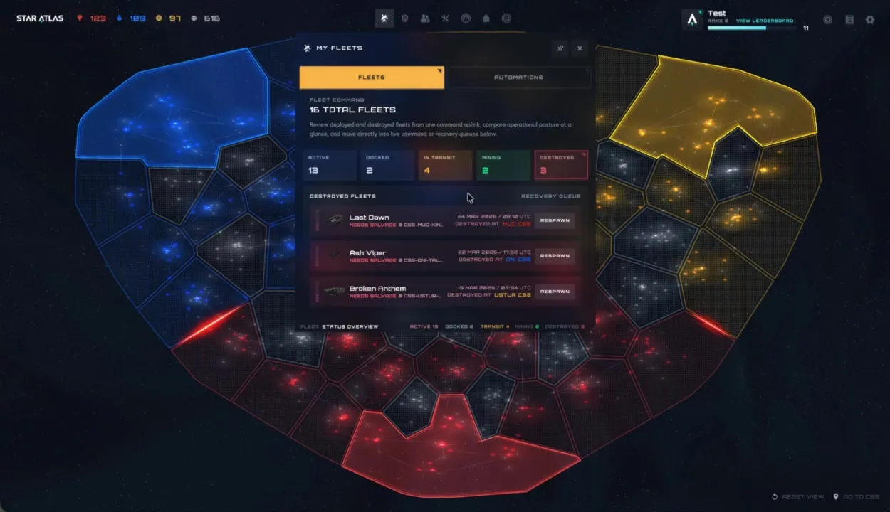 Sezione flotte distrutte nel Fleet Manager: tre flotte (Last Dawn, Ash Viper, Broken Anthem) con timestamp di distruzione, pulsanti RESPAWN evidenziati, Recovery Queue con dettagli composizione