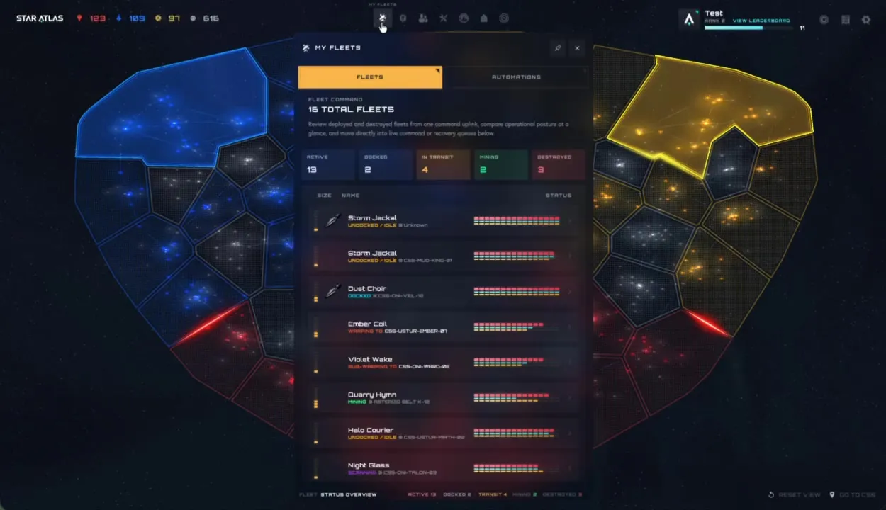 Pannello Fleet Command con 15 flotte totali: riepilogo stati (Active 13, In Transit 2, Paused 2, Destroyed 3), lista flotte con icone navi, barre risorse multicolore per carburante, cibo, munizioni e toolkit