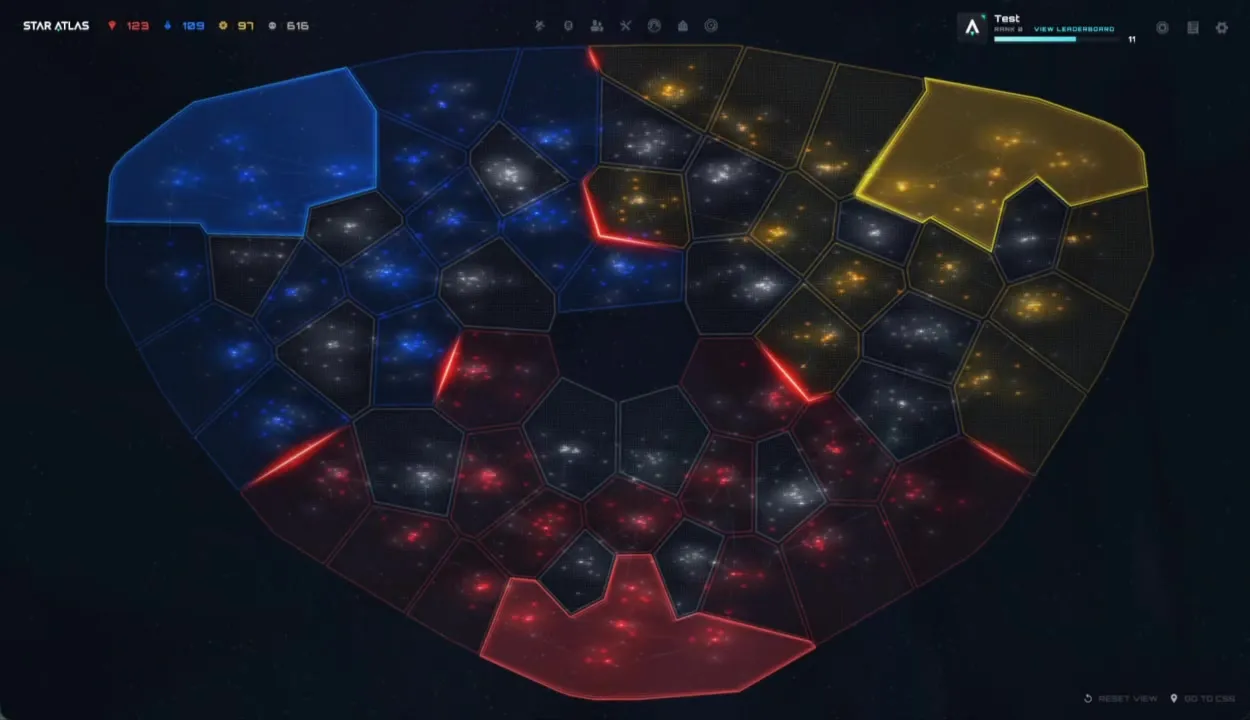 Mappa galattica completa di Galia: territorio MUD in rosso al centro-basso, ONI in blu a sinistra, USTUR in oro in alto a destra. Tassellatura Voronoi con confini territoriali illuminati e nodi stellari