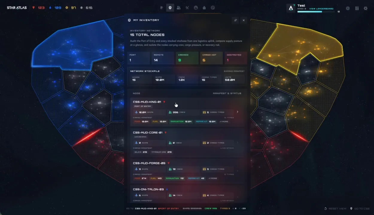 Pannello Inventory Network con 15 nodi totali: stat card (Port 1, Remote 14, Crewed 9, Cargo Hot 6, Destroyed 1), Network Stockpile aggregato e lista nodi per starbase con manifesti cargo