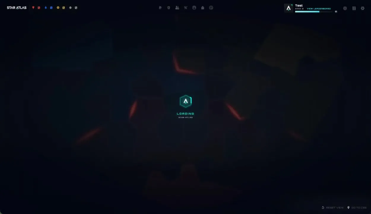 Schermata di caricamento di Star Atlas SAGE: logo esagonale al centro, barra superiore con contatori risorse fazione, profilo giocatore Rank 8 in alto a destra