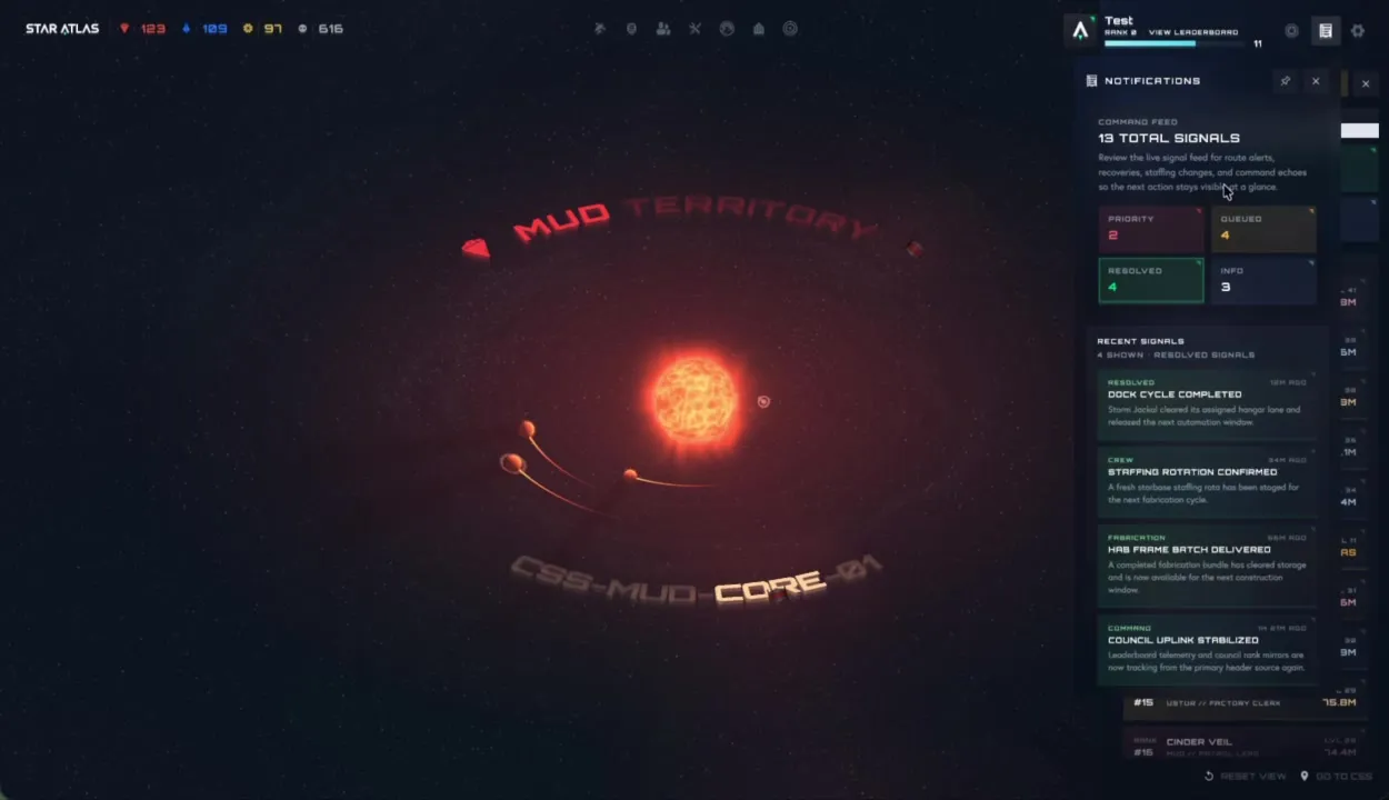 Command Feed filtrato su segnali RESOLVED: Dock Cycle Completed, Staffing Rotation Confirmed, Hab Frame Batch Delivered, Council Uplink Stabilized — con timestamp e descrizione operativa