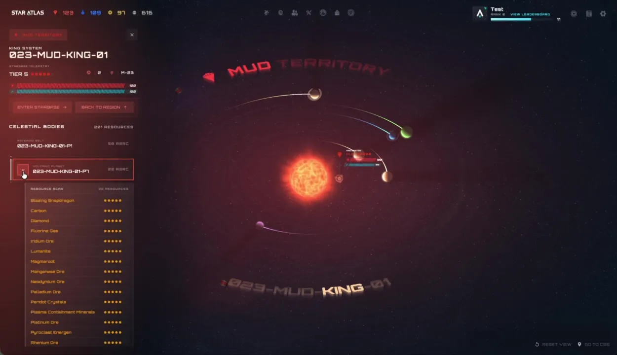 Dropdown di Resource Scan per il pianeta 023-MUD-KING-01-P1: oltre 20 risorse elencate con valutazione a 5 stelle per abbondanza — Blazing Snapdragon, Carbon, Diamond, Fluorine Gas, Iridium Ore e molte altre