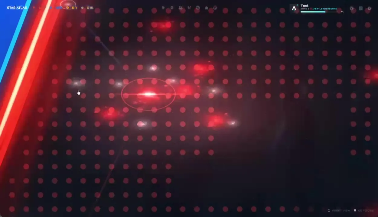 Zoom livello 2 — dot-grid: sistemi stellari MUD rappresentati come punti rossi su griglia, con confini di fazione (rosso MUD, blu ONI) visibili ai bordi